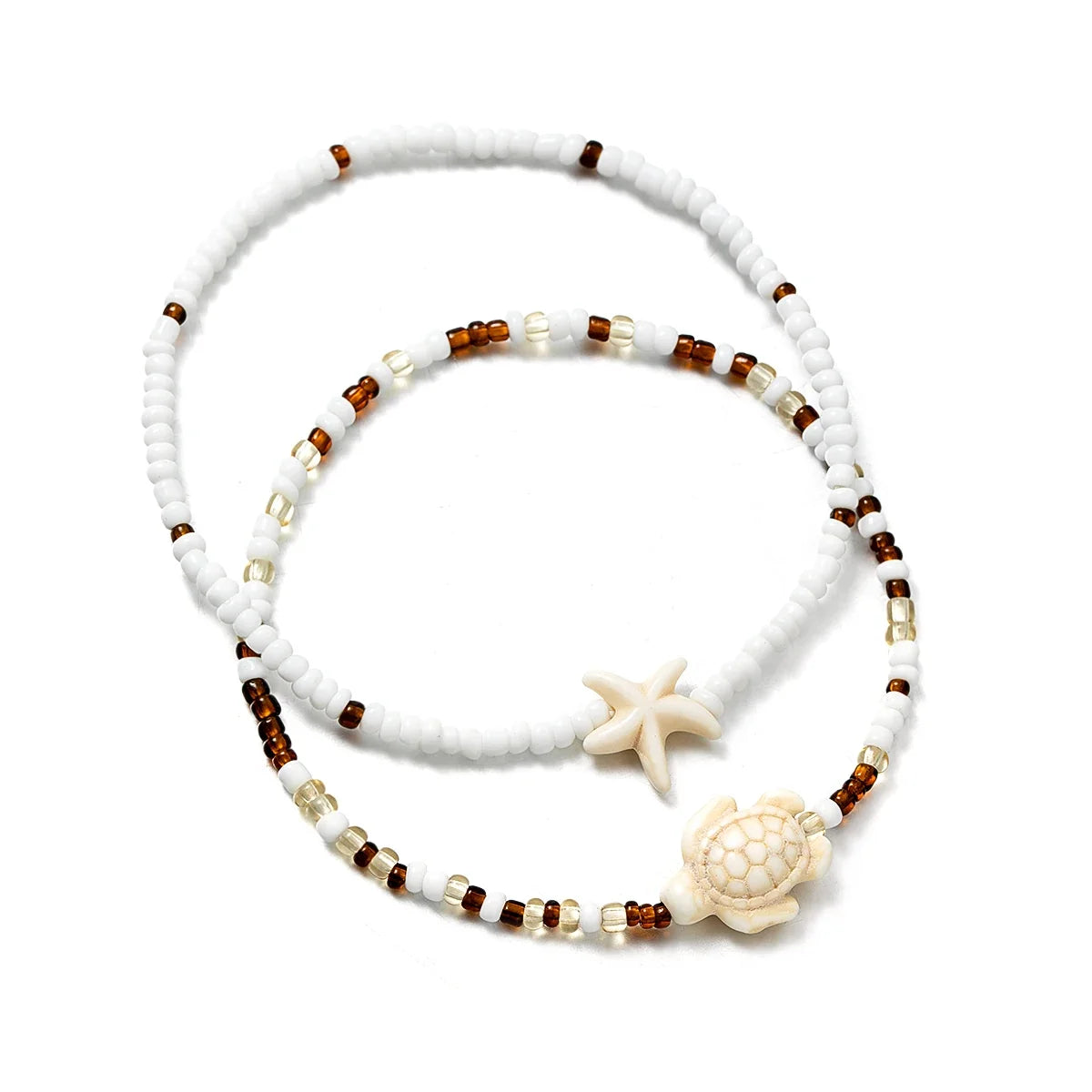 2 Bohemian style turquoise starfish turtle ankle chains, double-layer layered mixed color rice bead beach ankle chains