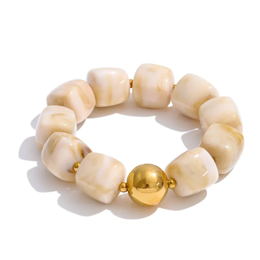 Yhpup Acrylic Square Beads Chain Necklace Bracelet Bangle Stainless Steel Handmade Jewelry Waterproof Green Khaki Pink Amber