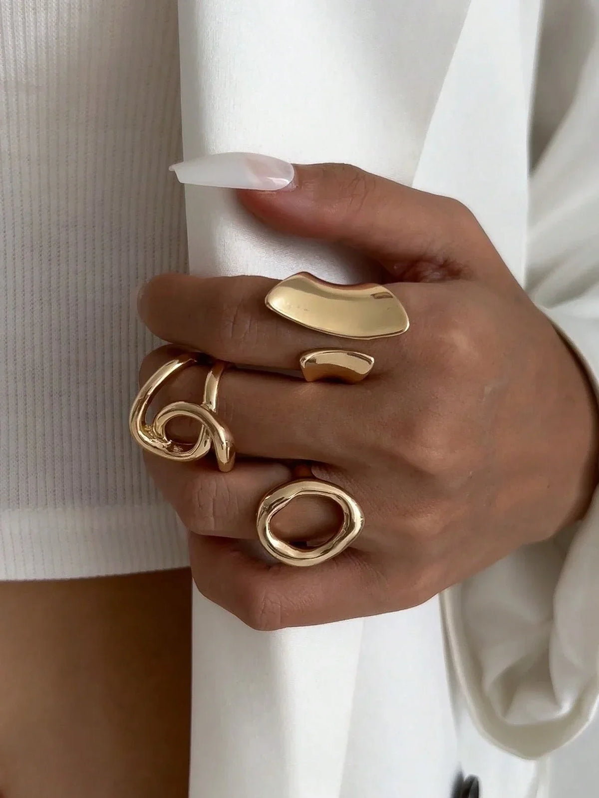 3pcs Retro Punk Exaggerated Asymmetrical Ring Set for Women Fashion Minimalist Geometric Hollow Round Unique Design Ring Jewelry