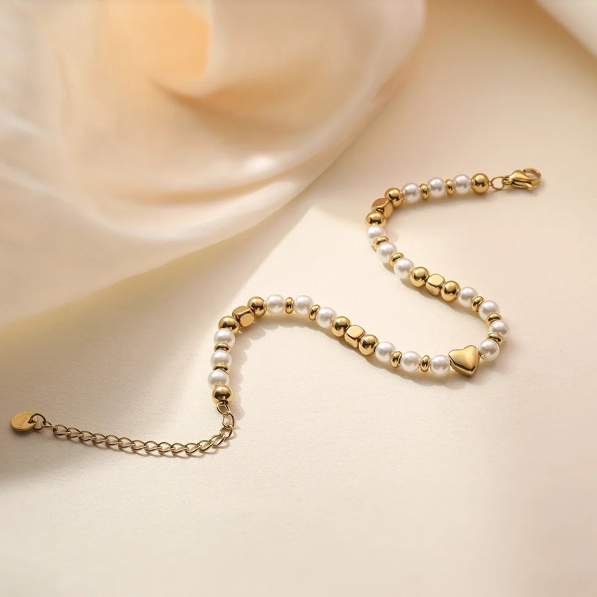 NEWBUY 2025 Trendy Gold Color Non-Fading Stainless Steel Beads Pearl Heart Bracelet For Women Daily Jewelry Accessories