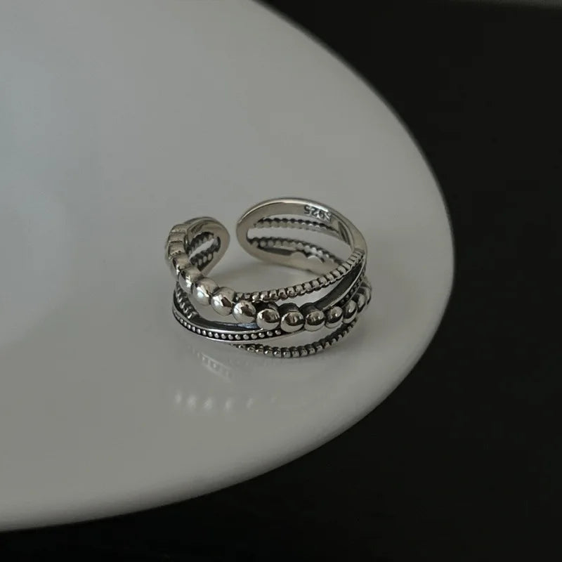 VENTFILLE 925 Sterling Silver Rings INS Fashion Hip Hop Vintage Couples Hollow Lines Punk Thai Silver Party Adjustable  Jewelry