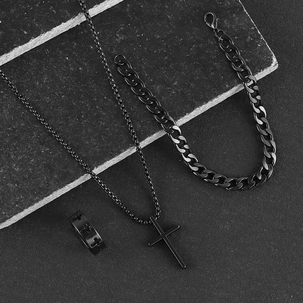 3pcs Set Men's Stainless Steel Metal Cross Pendant Chain Necklace Bracelet Ring Jewelry Set Male Hip Hop Daily Wear Accessories