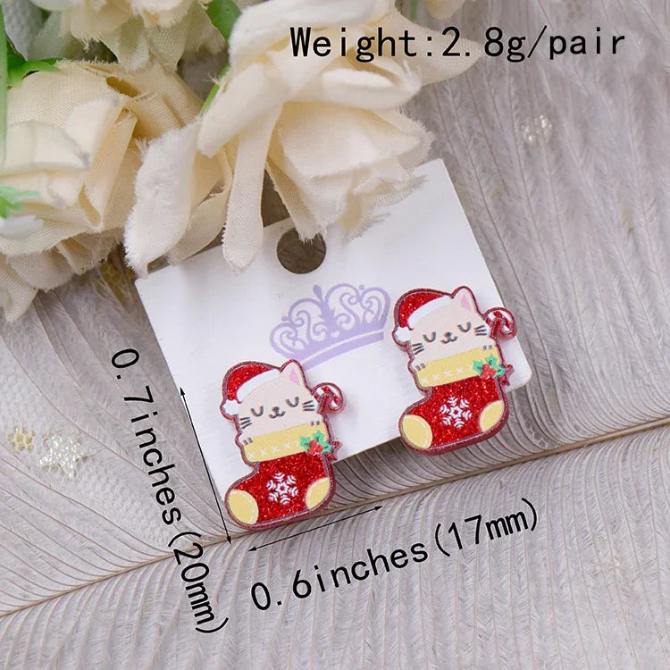 Custom Santa Hats Tree Mouse Head Turkey Glitter Acrylic Christmas Stud Earrings Stainless Steel Jewelry Wholesale