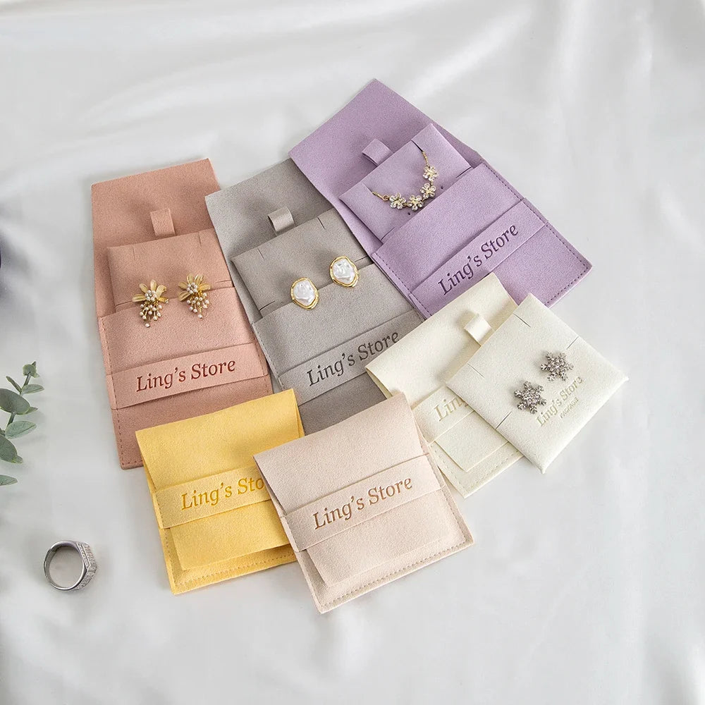 20/50/100pcs Personalized Logo Jewelry Microfiber Strip 8x8cm Bag Insert With 6x6cm Pad Card For Earrings Studs Necklace Pendant