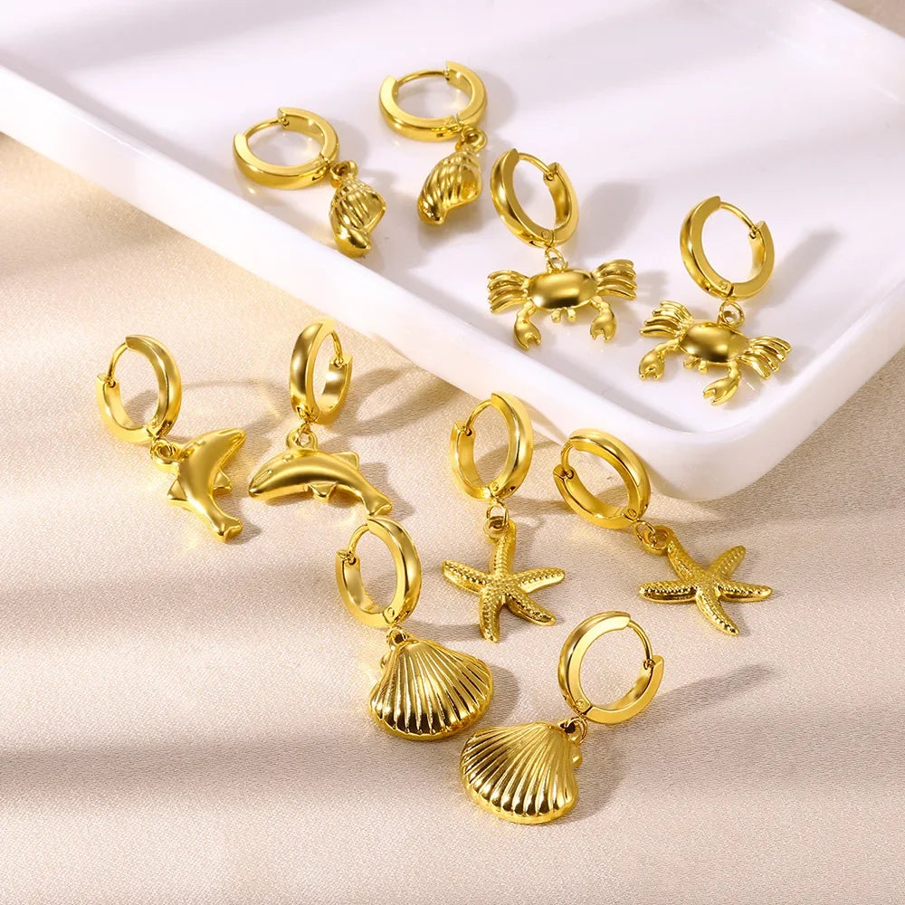 Freshwater Ocean Starfish Shell Hoop Earrings For Women Elegant Stainless Steel Gold Color Aretes Christmas jewelry accessories