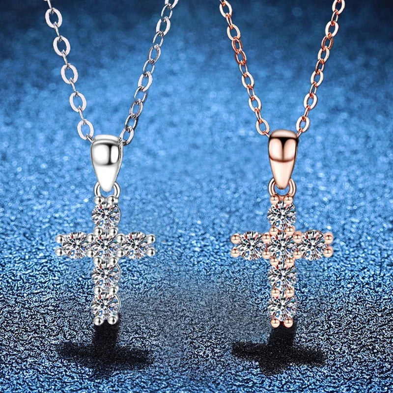 NeeTim 3mm D VVS1 Moissanite Cross Necklace for Women Lab Diamond Sterling Silver 925 Wedding Pendant Certified Necklaces