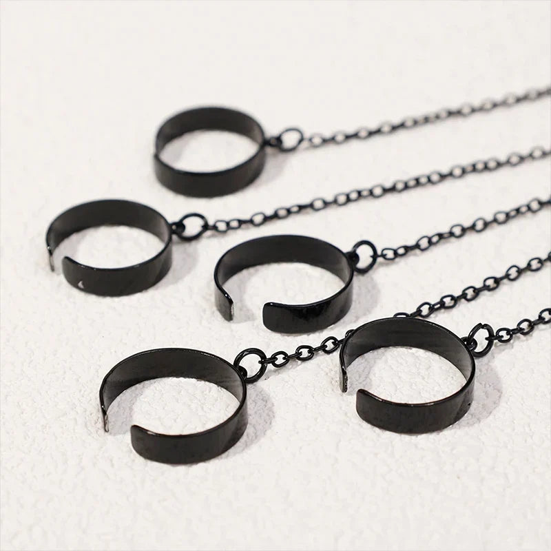 Punk Geometric Black Color Chain Wrist Bracelet Ring For Women Men Open Ring Silver Link Chain Girls Cool Design Fashion Jewelry