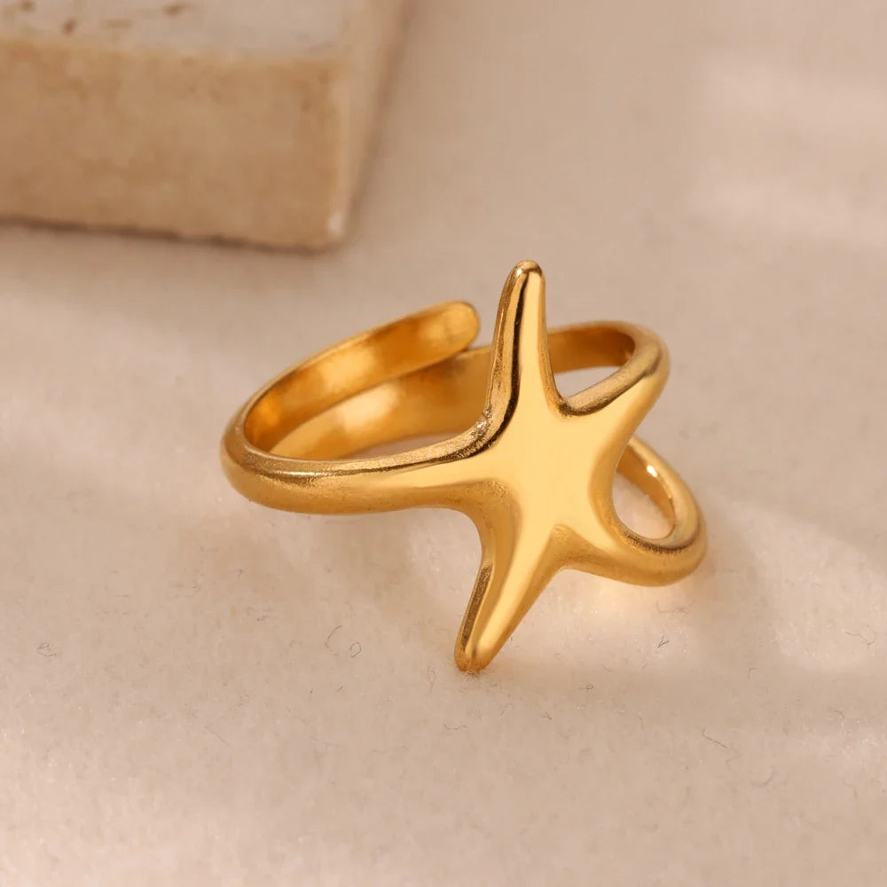 Starfish Shell Conch Stainless Steel Open Rings For Women Gold Color Adjustable Finger Ring Fashion Sea Vacation Jewelry Gifts