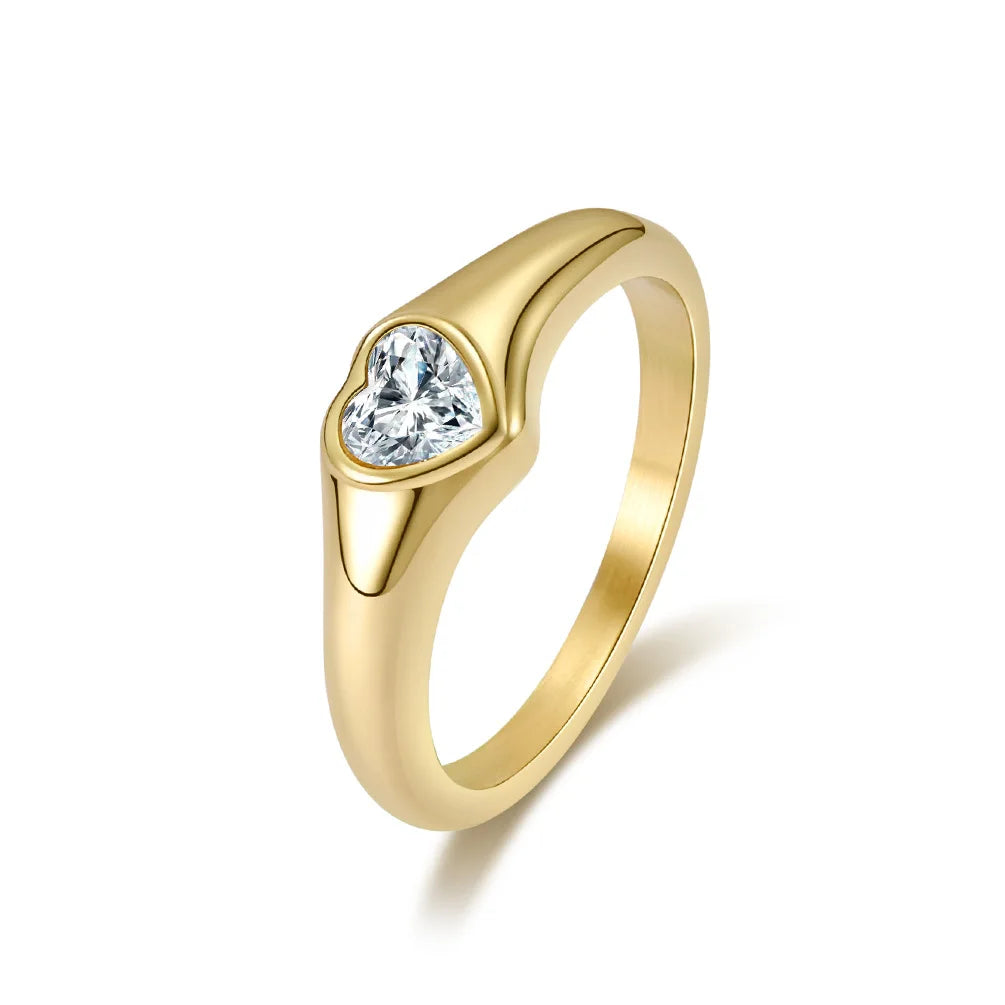 Stainless Steel Heart CZ Solitaire Ring Wedding Band for Women Girl Size 5-10