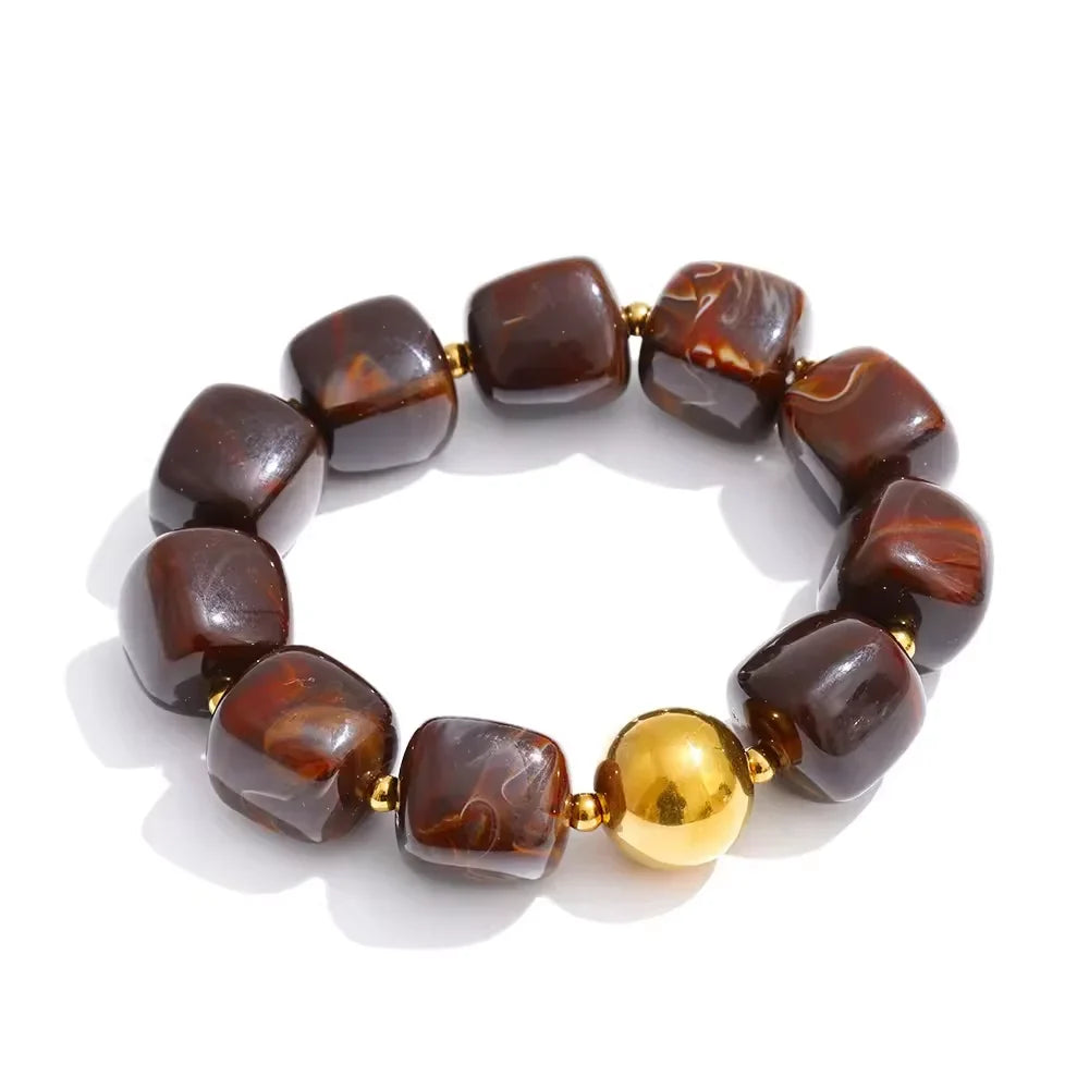 Yhpup Acrylic Square Beads Chain Necklace Bracelet Bangle Stainless Steel Handmade Jewelry Waterproof Green Khaki Pink Amber