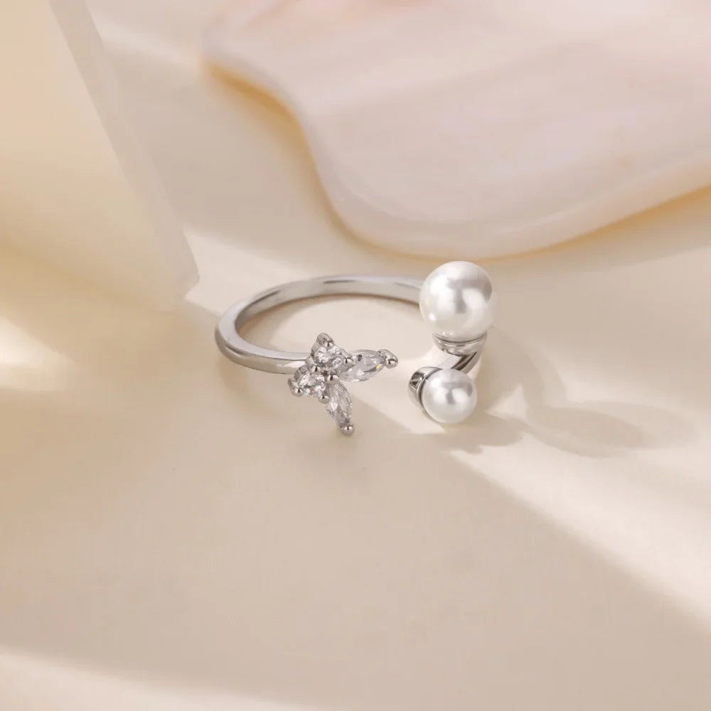 Zircon Butterfly Imitation Pearl Ring For Women Stainless Steel Gold Color Ring 2025 New Fashion Wedding Couple Jewelry Gifts