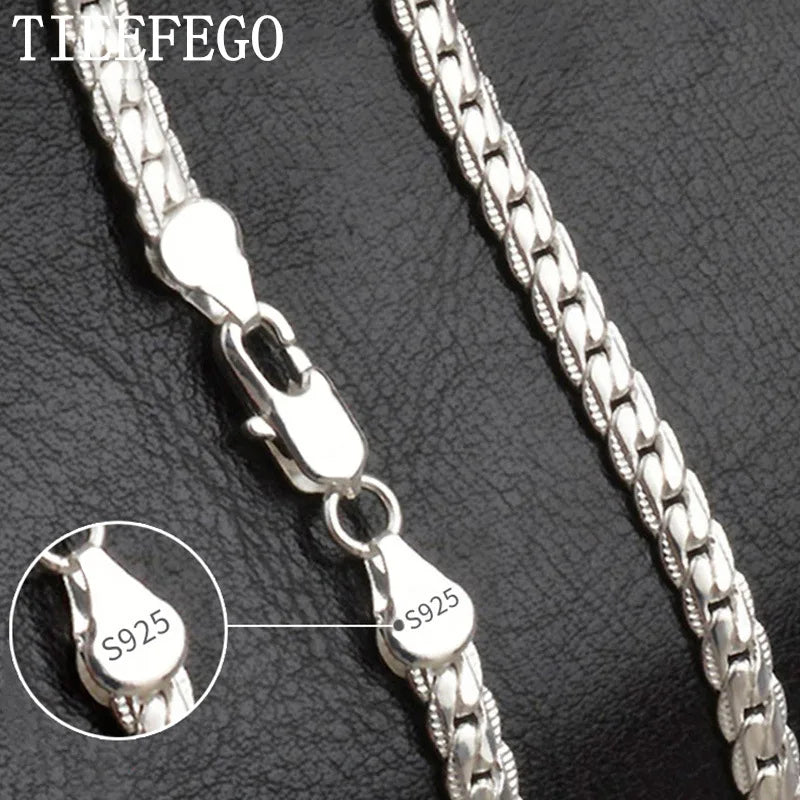 URBABY 925 Sterling Silver 2 Piece 6MM Full Sideways Chain Necklace Bracelet For Women Men Fashion Jewelry Sets Wedding Gift