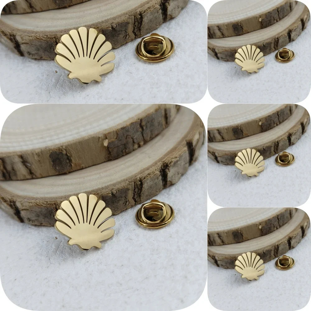 New shell fan-shaped men's lapel pin, stainless steel gold-plated badge, black brooch for suit accessories, gift for father