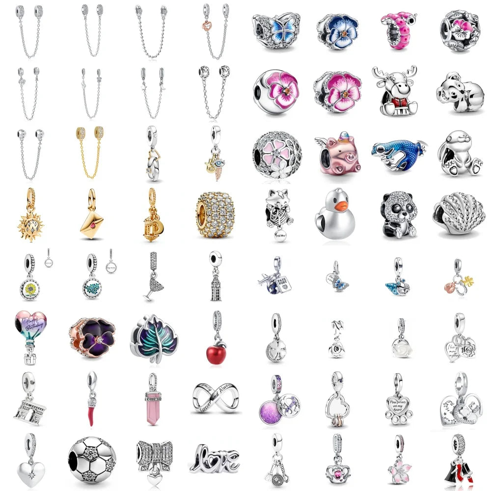 European New 925 Sterling Silver Spring New Pink Flower Ballon Cat Diy Beads Charm Fit European S925 Bracelet Bangles