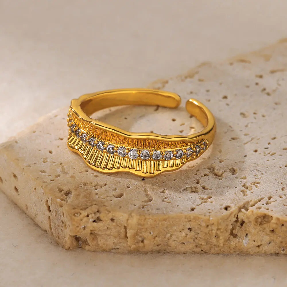 Gold Color Stainless Steel Geometric Rings for Women Zircon Heart Sun Moon Open Ring Fashion Aesthetic Jewelry Wedding Gift