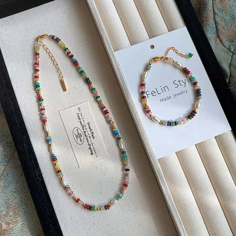 Fashion Colorful Beads Stone Natural Freshwater Pearl Necklaces For Women Retro Gold Color Clavicle Chain Necklace Jewelry Gifts