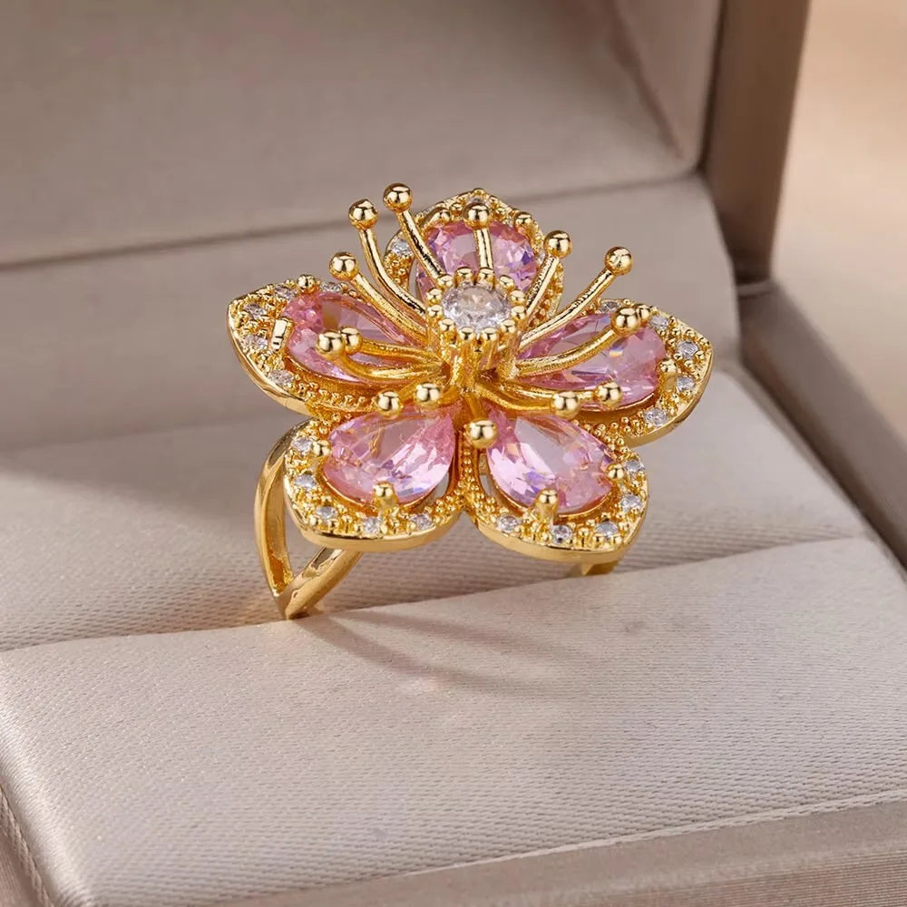 Colored Zircon Double Flower Rings For Women Gold Plated Stainless Steel Flower Opening Ring Wedding Aesthetic Jewelry Gift 2023