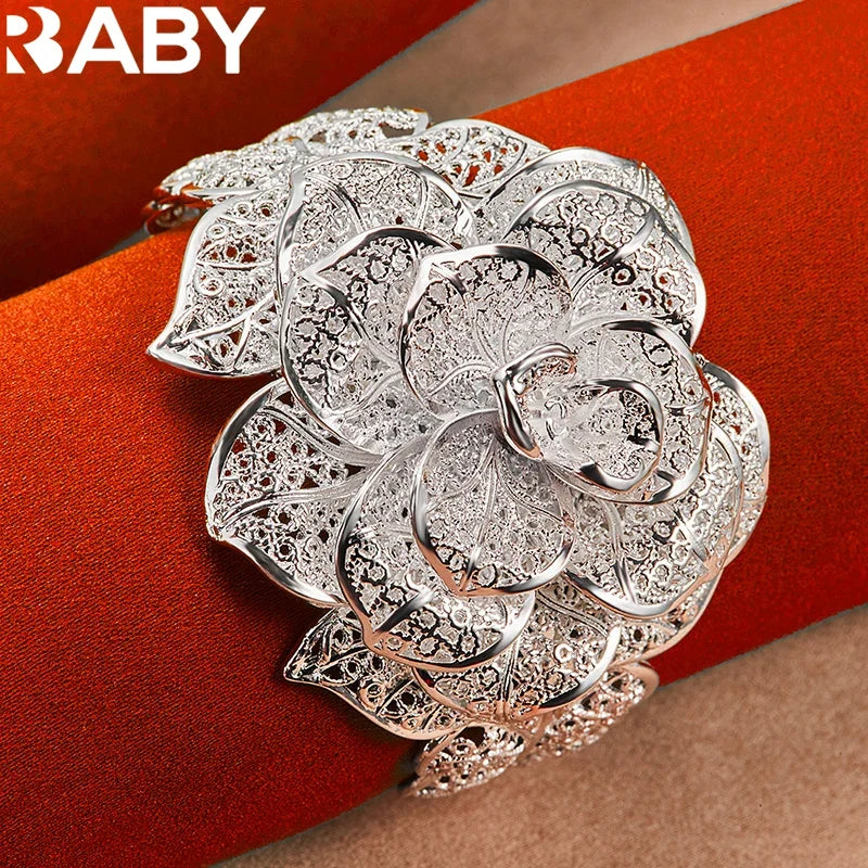 925 Sterling Silver Exquisite Pretty Camellia Flower Bracelet Bangles For Woman Charm Jewelry Wedding Engagement Fashion Party