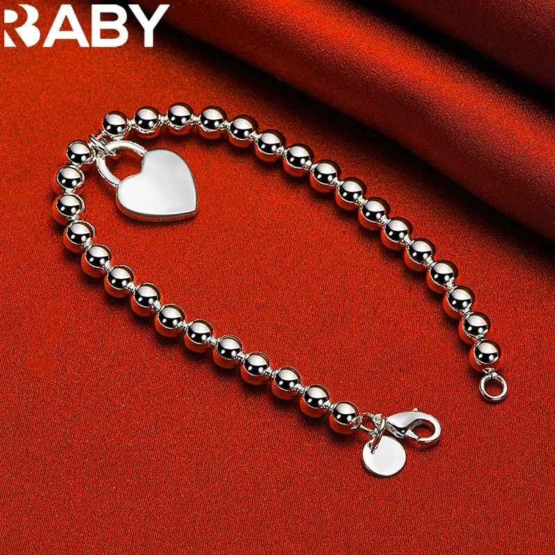 URBABY 925 Sterling Silver Smooth Beads Chain Heart Pendant Bracelet For Woman Wedding Party Fashion Jewelry Gift
