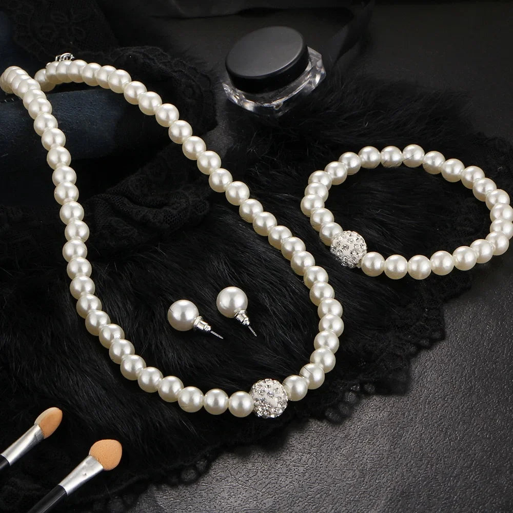 3 PCS Imitation Pearl Fireball Necklace Bracelet Earring Stud Jewelry Set Silver Color Crystal Stone Elegant Bridal Jewelry Gift
