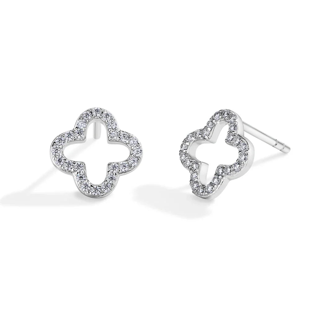 MINTYBOX S925 Sterling Silver Moissanite Diamond Stud Earrings for Women Clover 18k White Gold Plated Flower Wedding Fine Jewelr