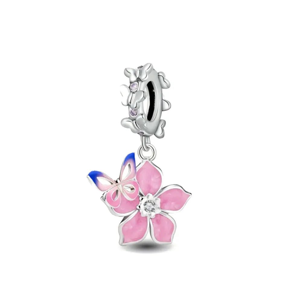 2026 Spring Pink Series Ballon Butterfly Flower Pendant Fit S925 European 925 Sterling Silver Bracelet Bangles Necklace