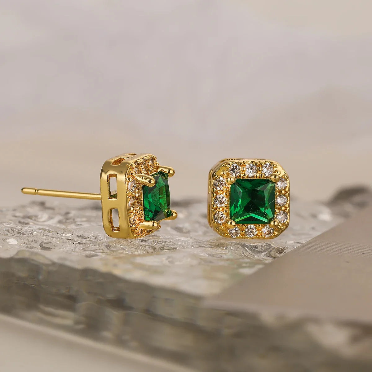 NEWBUY Red/White/Blue/Pink/Green 5 Colors Crystal Square Stud Earrings For Elegant Women Gold Color CZ Wedding Jewelry