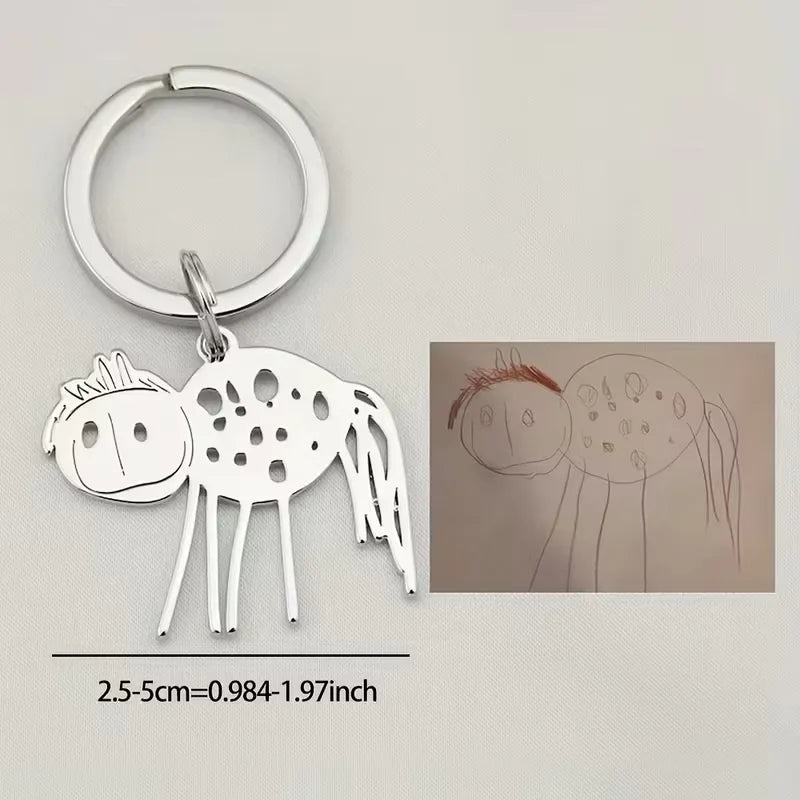 Custom Stainless Steel Children Drawing Pendant Keychain Kids Artwork Personalized Photo Logo Keyring Key Chains Jewelry Gifts
