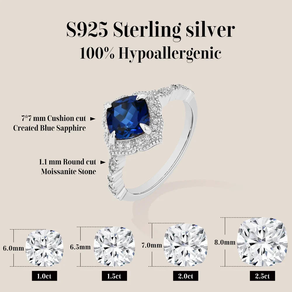MINTYBOX S925 Silver 2.0ct Cushion Sapphire Engagement Rings for Women Lab Gemstone Halo Ring Wedding Fine Jewelry Bride's gift