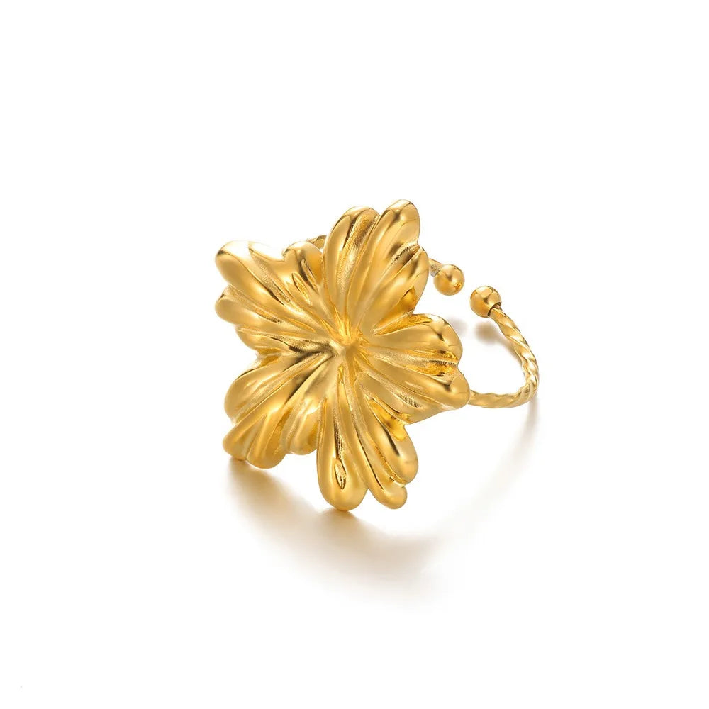 Stainless Steel Exaggerated Big Flower Rings For Women Gold Color Sunflower Finger Ring Female Fashion Aesthetic Jewelry Gift