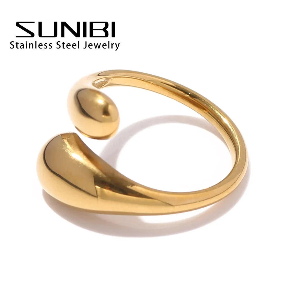 SUNIBI Double Opening Ring for Woman Golden Glossy Feather Design Ring 316 Stainless Steel Women's Fashion Jewelry Wholesale
