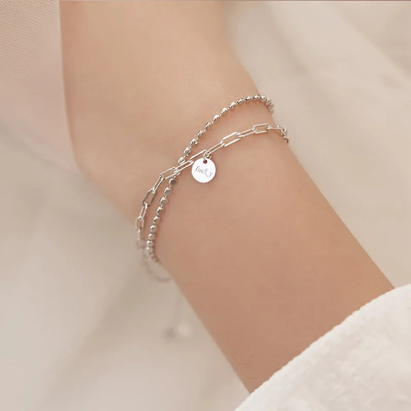 s925 Sterling Silver Double Layers Simple Bracelet for Women Temperament Elegant Sweet Link Chain Bracelet Jewelry