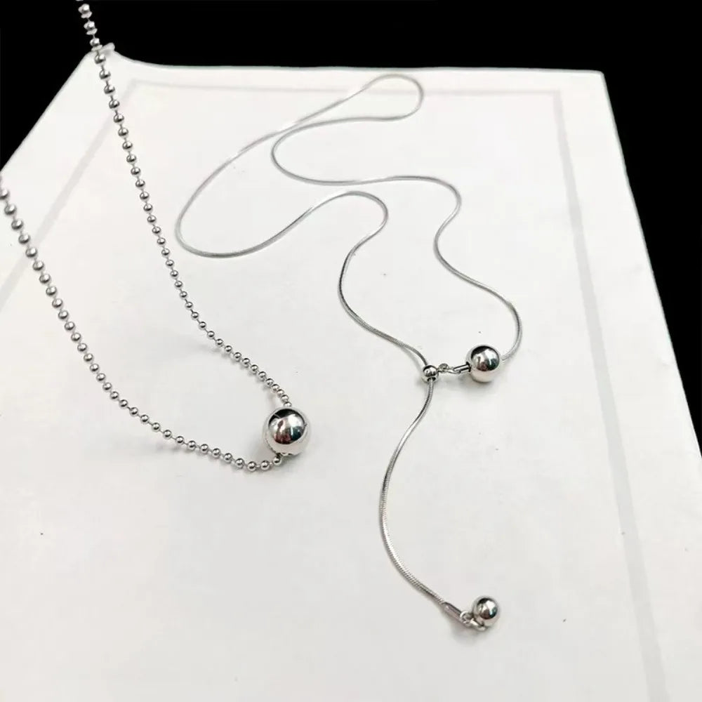 Personality Design Silver Color Stainless Steel Beaded Ball Pendant Necklace for Women Double Layer Hip Hop Rock Chokers Jewelry