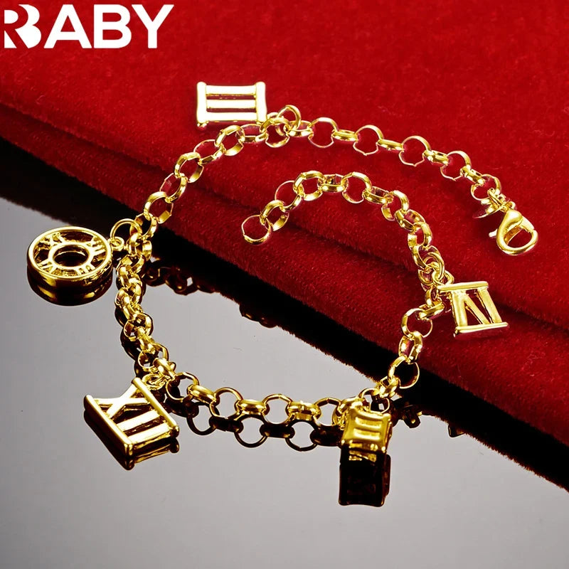 URBABY 18K Gold Roman Numerals Charm Chain Bracelet For Women Wedding Fashion Party Accessories Jewelry Gift