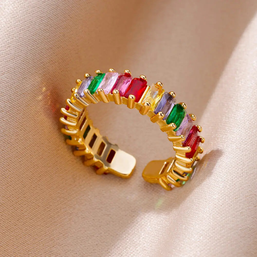Gold Color Cubic Zircon Rings For Women Open Stainless Steel Green Luxury Crystal Finger Ring Boho Jewelry Wedding Party Gift