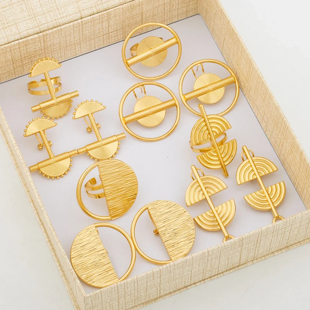 Trend Earrings and Ring Jewelry Set with Gifts Box 18k Gold Plated Clip Earrings and Finger Ring Set for Party Engagement Bride