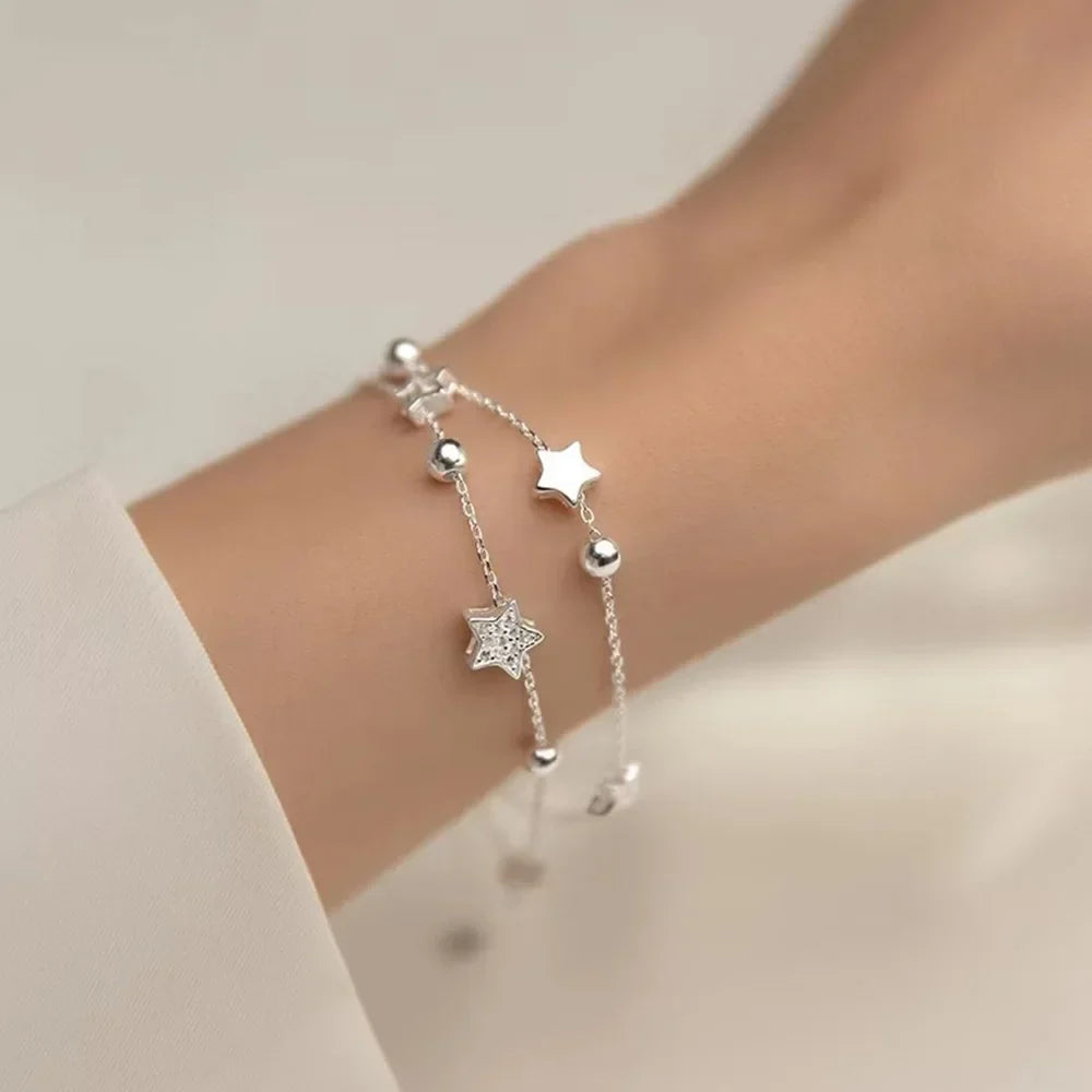 925 Stamp Silver Color Star Bracelet Fashion Korean Five-pointed Stars Crystal Double Bracelet Dropshipping Wholesale