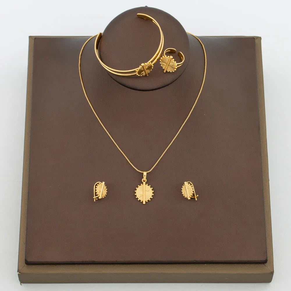 Stylish Girls Jewelry Set for Party Copper Gold Color Necklace and Hoop Earrings and Necklace Bangle Ring Set for Weddings Gifts