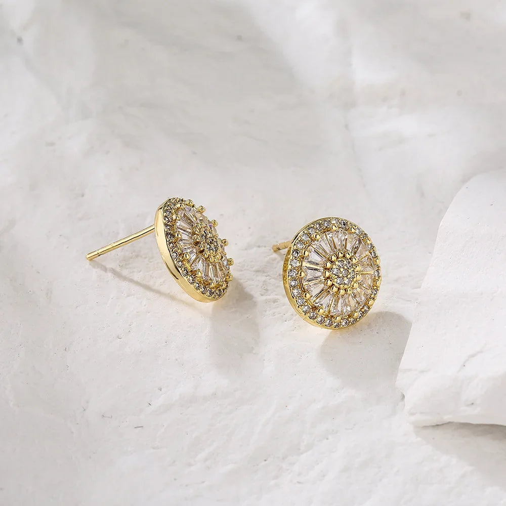 NEWBUY Luxury AAA Cubic Zirconia Pave Setting Copper Jewelry Gold Color Round Stud Earrings For Women Girl