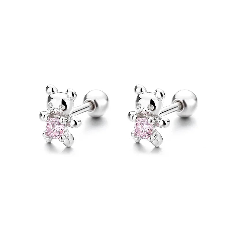 925 Sterling Silver Adorable Bear Ear Studs Screw-On Ear Plugs Stylish Ear Jewelry Exquisite Gift
