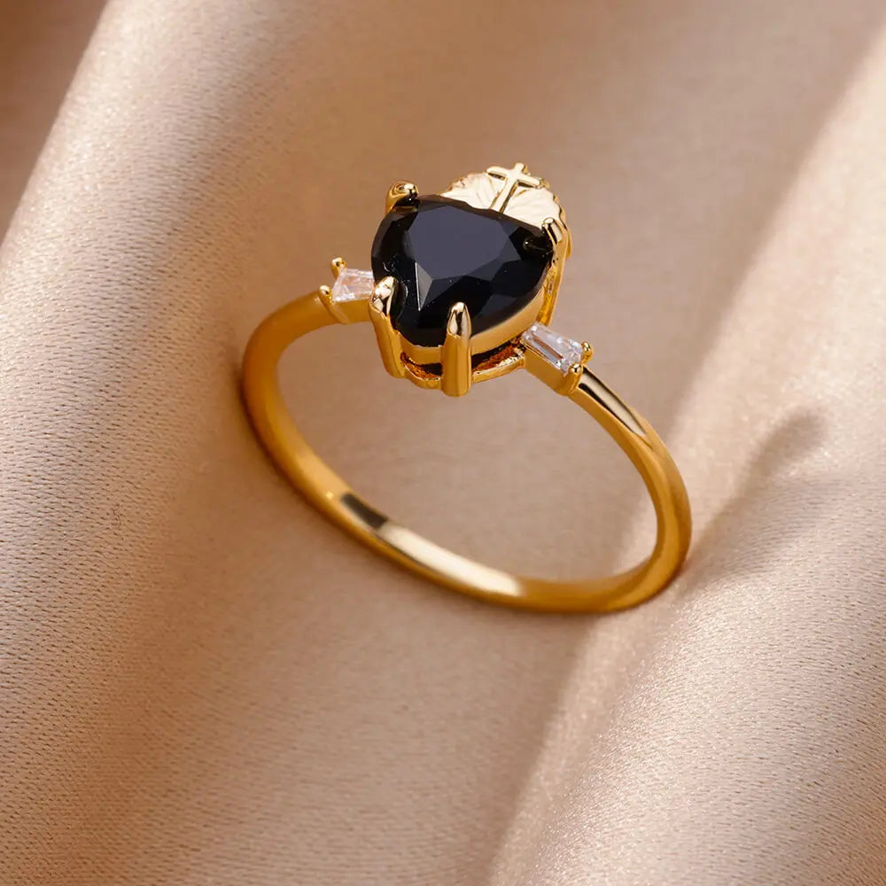 Luxury Zircon Heart Rings For Women Gold Color Open Stainless Steel Crystal Geometry Finger Ring Jewelry Wedding Gift anillos