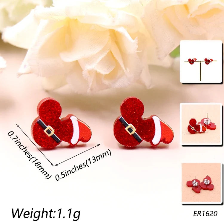 Custom Santa Hats Tree Mouse Head Turkey Glitter Acrylic Christmas Stud Earrings Stainless Steel Jewelry Wholesale