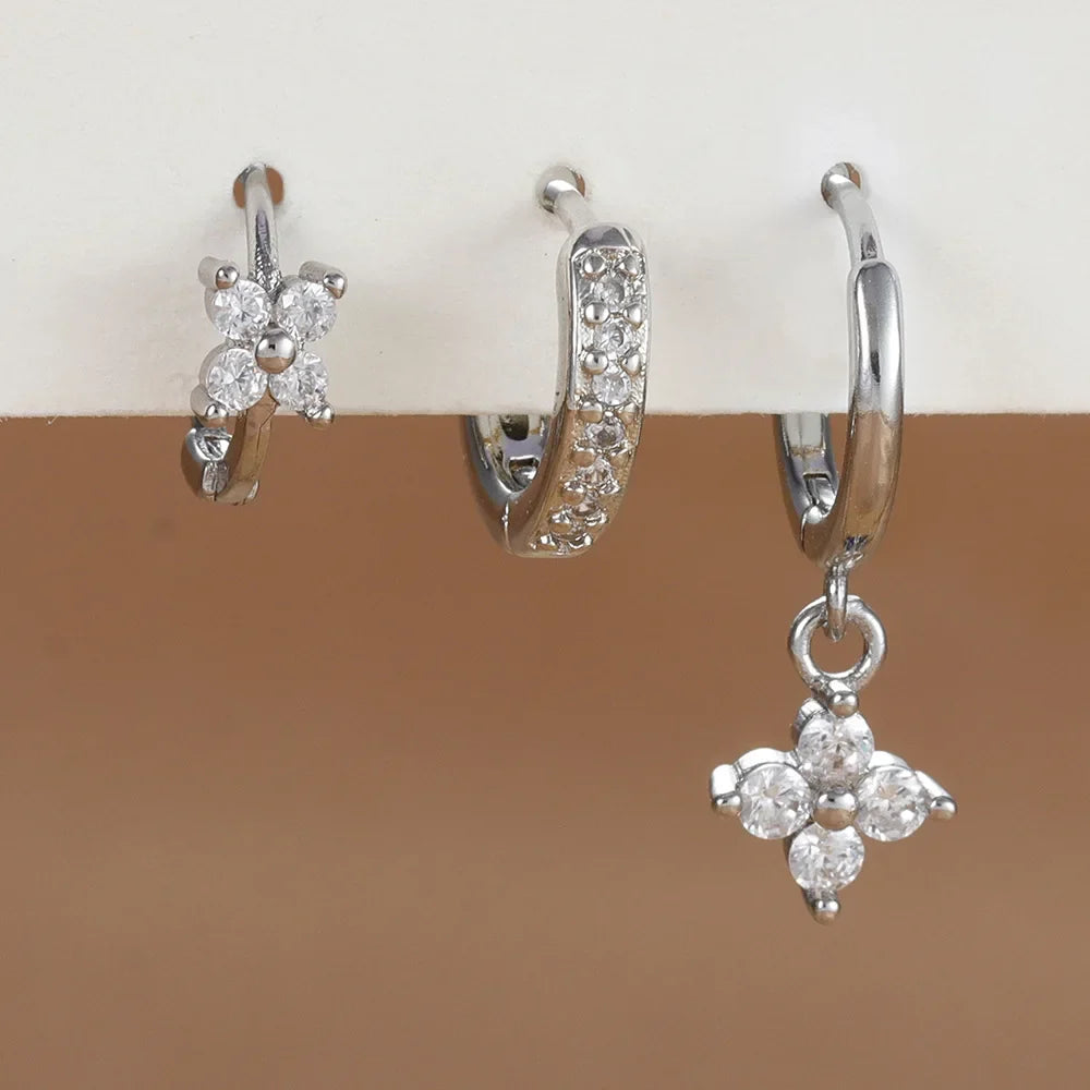 3PCS Fashion Orange Blue Zircon Hanging Earrings Set for Women Stainless Steel Flower Dangle Earring Piercing Jewelry