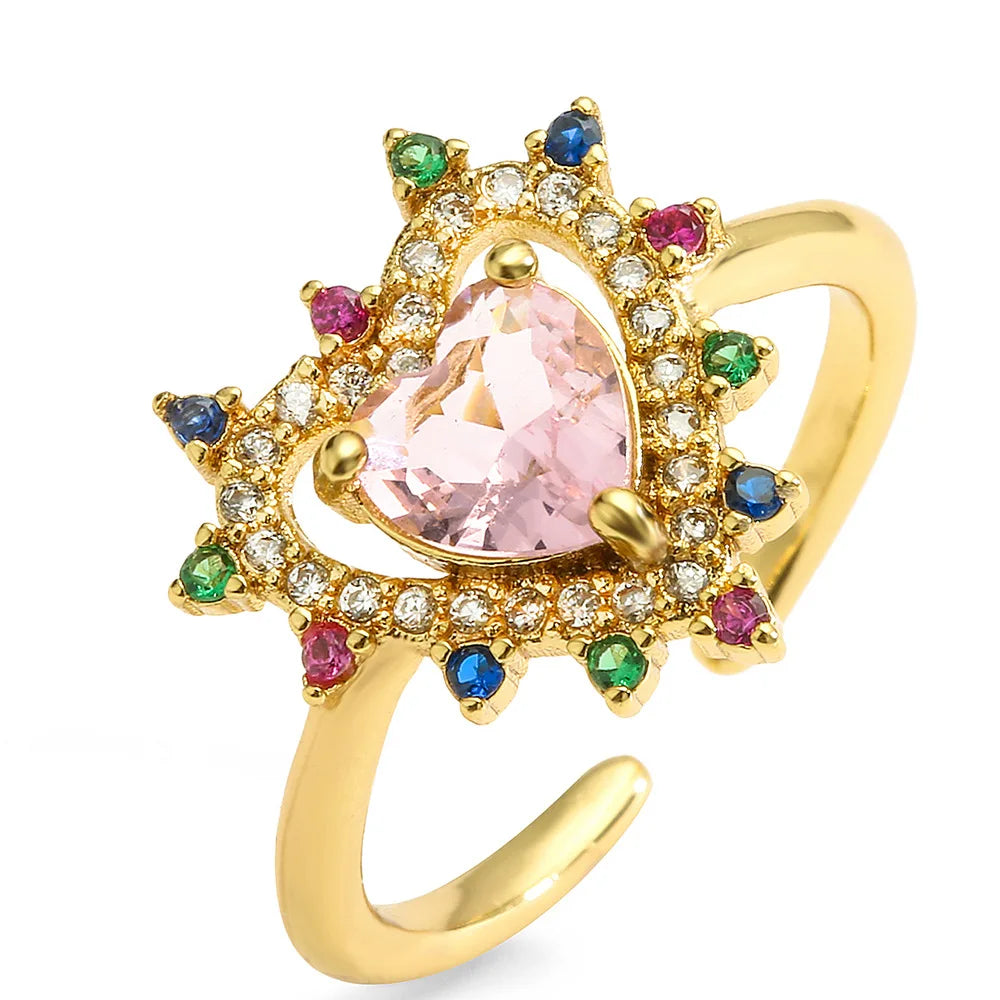 NEWBUY Fashion Colourful Cubic Zirconia Pave Setting Wedding Jewelry 2024 Trendy Gold Color Heart Charm Finger Ring For Women