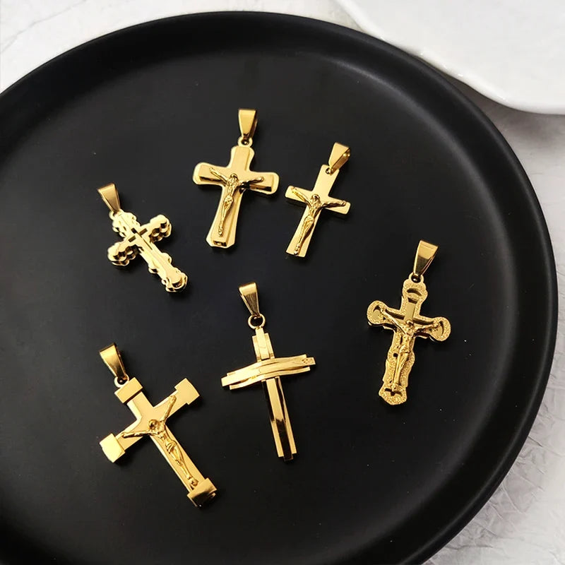 Stainless Steel Jesus Cross Pendant 18K Gold Plated Elegant Christian Symbol Jewelry for Men Women Church Outfit Accent