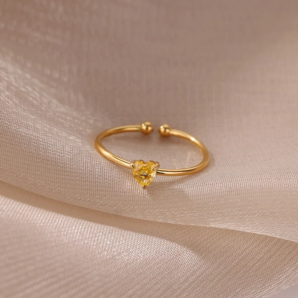 Stainless Steel Birthstone Open Rings for Women Fashion 12-color Crystal Zircon Heart Ring Birthday Aesthetic Jewelry Gift
