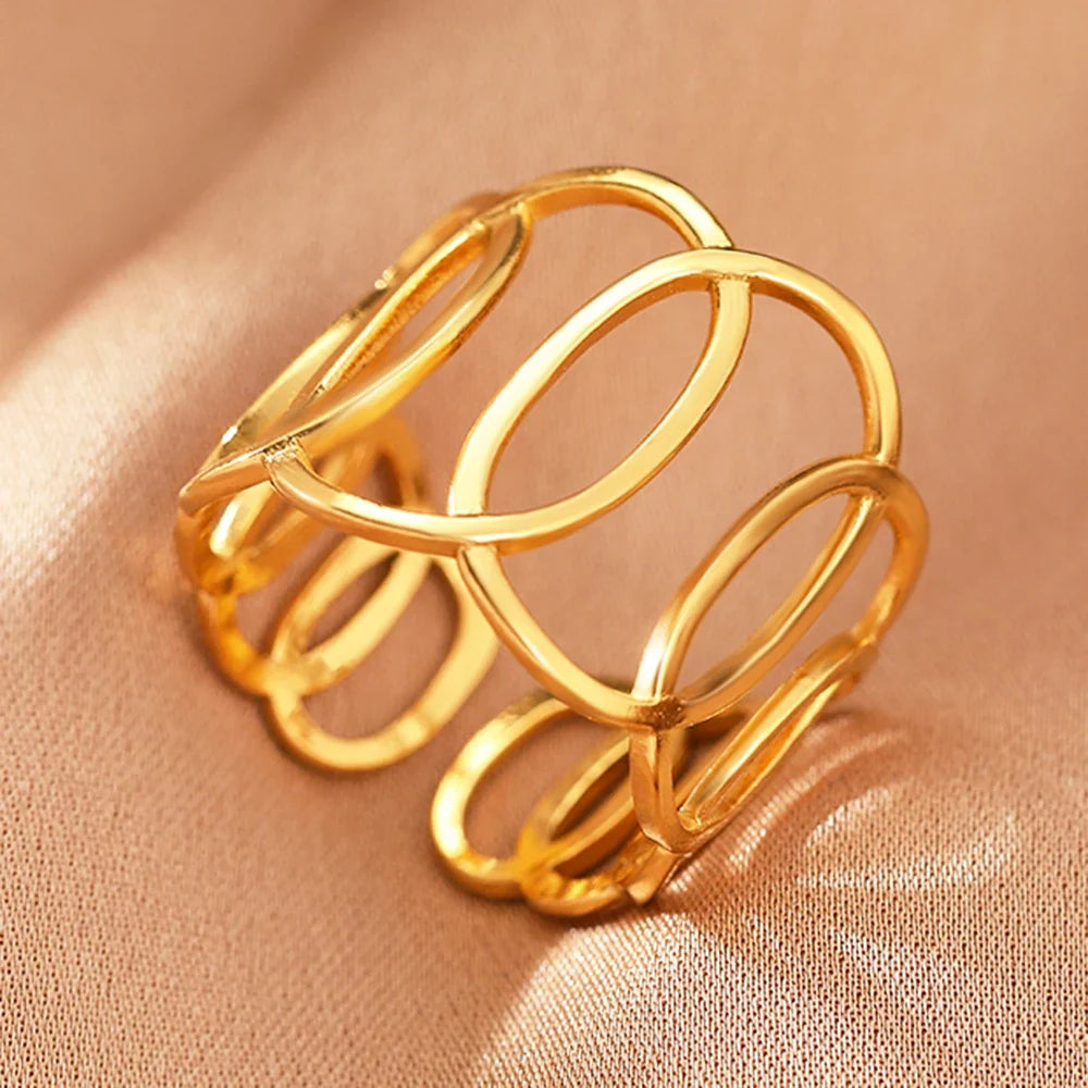 Stainless Steel Rings Vintage Exquisite Hollow Adjustable Open Statement Rings Light Luxury Fashion Rings For Women Jewelry New