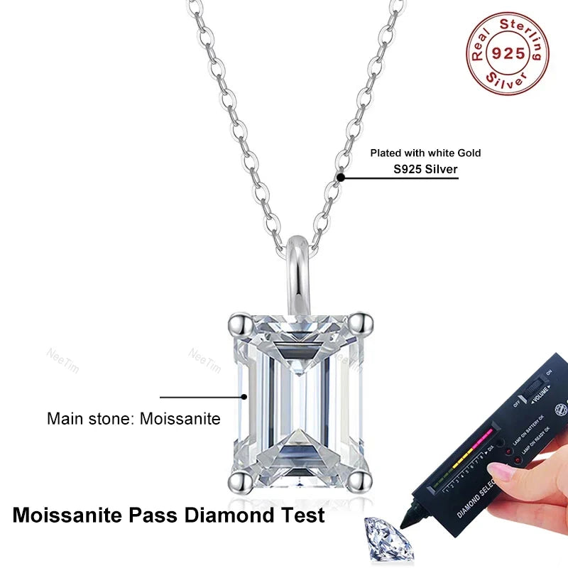NeeTim 1ct 2ct  3ct 4ct Emerald Cut Moissanite Pendant Necklace for Women S925 Silver with White Gold Plated Necklaces Chain