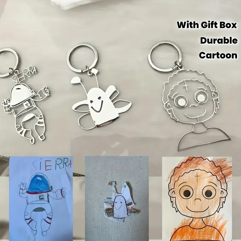 Custom Stainless Steel Children Drawing Pendant Keychain Kids Artwork Personalized Photo Logo Keyring Key Chains Jewelry Gifts