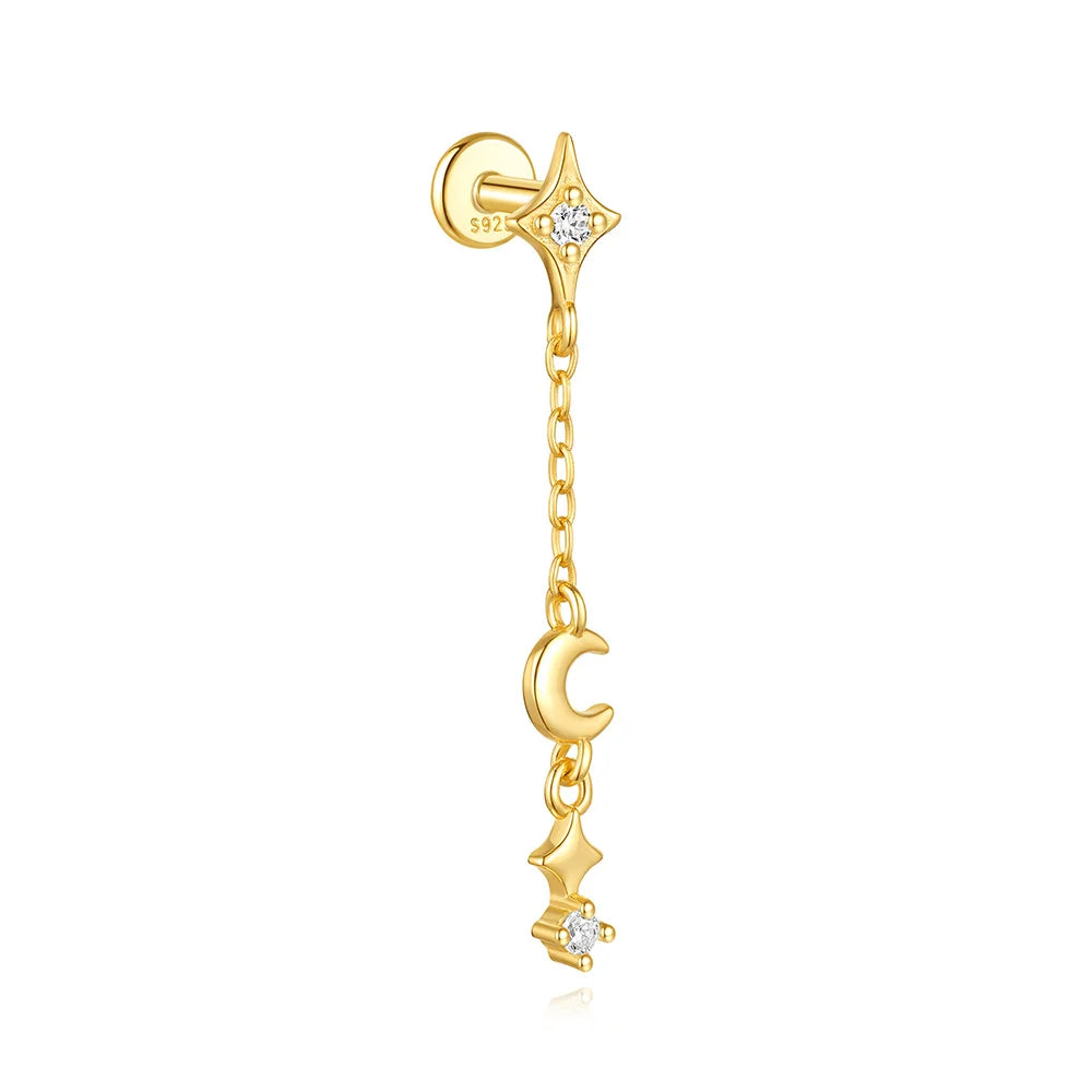 CANNER 1PC Four Pointed Star Moon Tassel Lotus Cartilage Spiral Puncture 925 Sterling Silver Stud Earring For Women Ins Earring